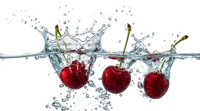 Fresh cherries splashing into clear water with droplets flying around transparent background