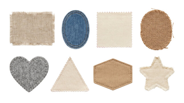 Set of Blank Fabric Patches in Geometric Shapes Denim Burlap Felt Sewing Labels Badge Swatch Cutout Isolated Element