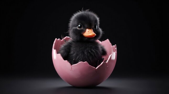 Baby black duckling inside a pink cracked eggshell.