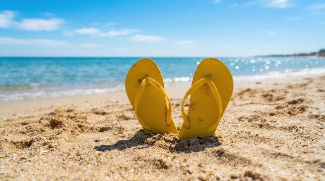 Angled yellow flip flops in sand at the seaside.