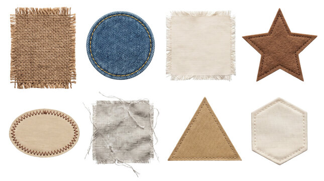 Set of Fabric Patches Denim Burlap Linen Leather Blank Cloth Badges Labels Tags Elements Isolated Cutout Transparent PNG