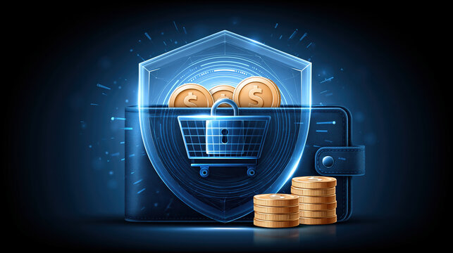 Digital wallet security with shopping basket and coins, secure online payment and protected e commerce concept
