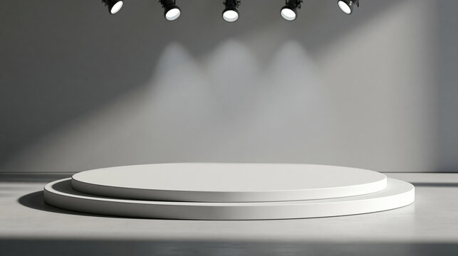 Empty white stage platform, gray studio background, spotlight lighting, luxury retail display, minimal scene