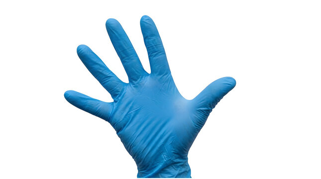 A single blue nitrile medical glove showing an open hand gesture isolated on transparent background
