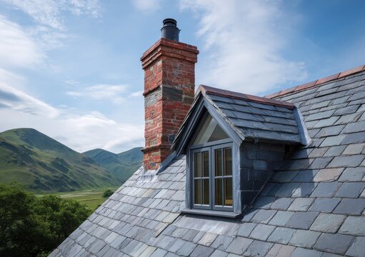 Slate roof with dormer window and brick chimney in a mountain landscape. Ideal for rural housing and travel.