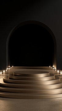 Golden stage podium, luxury archway, dark interior, empty display, spotlight path