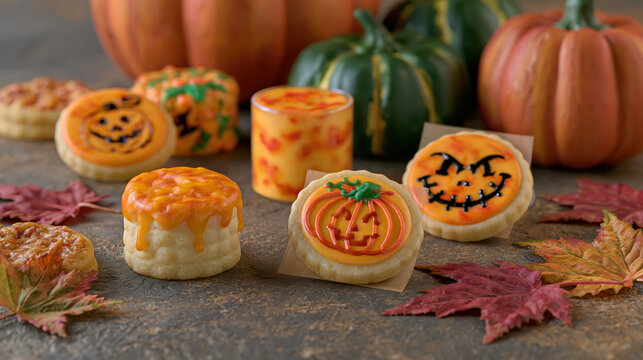 Halloween bakery display with pumpkin cookie and seasonal treat, autumn decor and festive dessert on rustic table