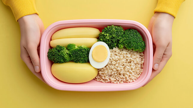 Lunch box with hands holding healthy vegetable meal on yellow background