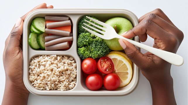 Lunch meal prep with vegetables, rice, fruit and fork in hands