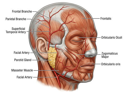 Human head anatomy, facial muscles, arteries, and nerves, labeled diagram
