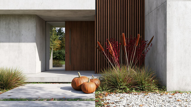 Modern house entrance with pumpkins and dried flowers, concrete facade and wooden door