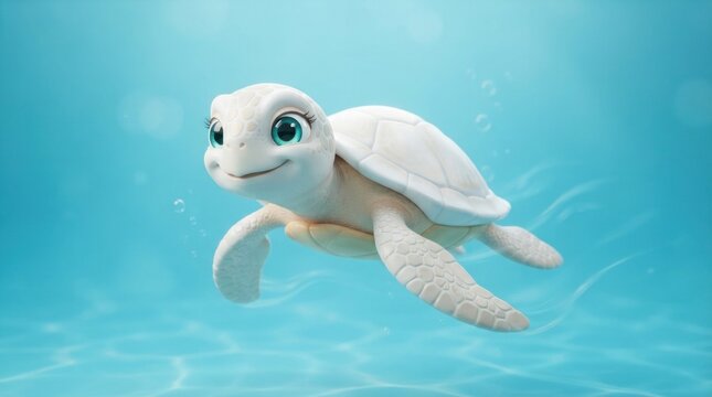 3D cartoon turtle swimming with bubbles