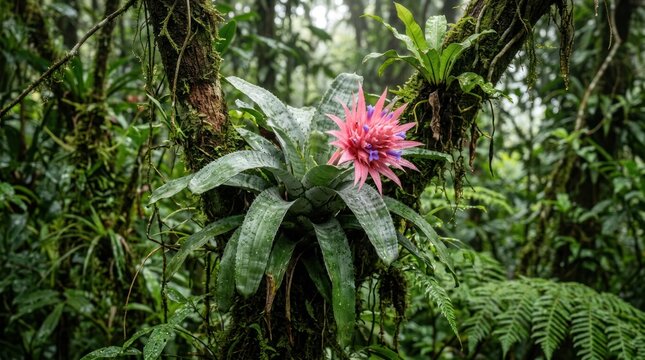 Pink bromeliad flower on tree trunk in lush forest