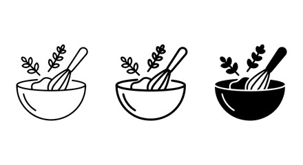 Whisking Bowl Icons, Culinary Mixing Vector Graphics, Food Preparation Symbols, Cooking Ingredients Illustration