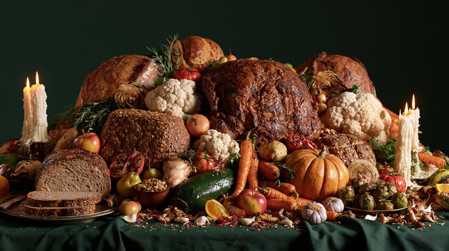 Roast bread vegetable harvest table with candle and autumn feast arrangement