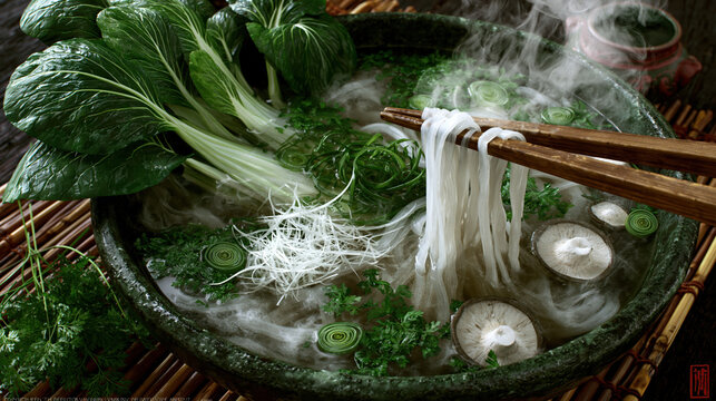 Steaming noodle bowl with greens and mushroom in rustic asian food presentation