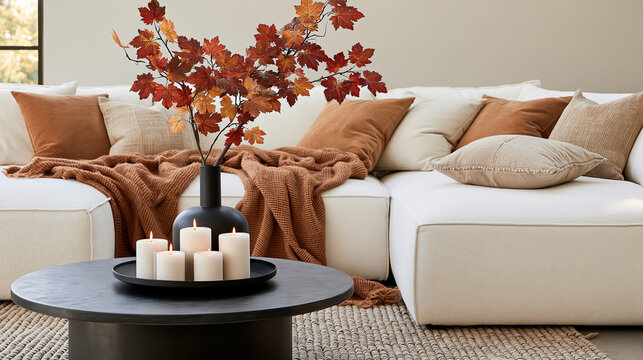 Warm autumn living room with candles, blanket, and sofa