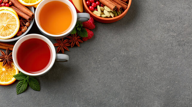 Warm tea cups with citrus, cinnamon, and spices on gray stone background for seasonal menu advertising