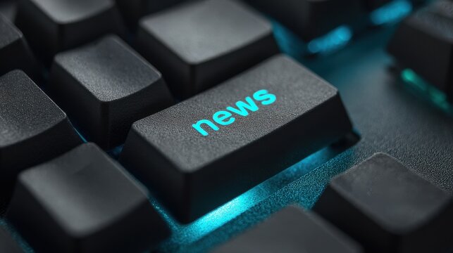 Close-up of a keyboard key with glowing text reading news. Great for journalism and digital media concepts.