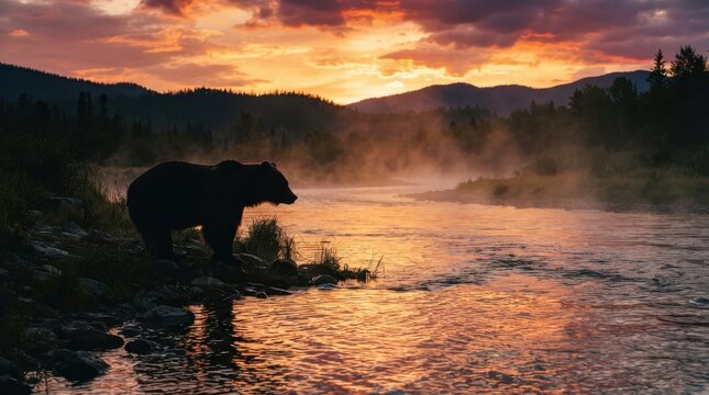 Silhouette of a bear standing by a flowing river at a colorful sunset.