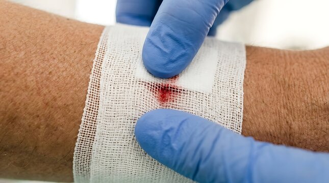 Medical professional wearing blue nitrile gloves applies a sterile gauze bandage to a small bleeding wound on a patient's forearm to ensure proper injury care and hygiene.