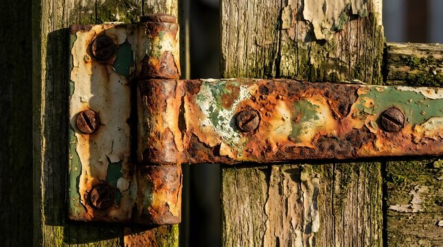 Heavily rusted metal gate hinge with peeling paint on weathered wooden planks, showcasing detailed textures.