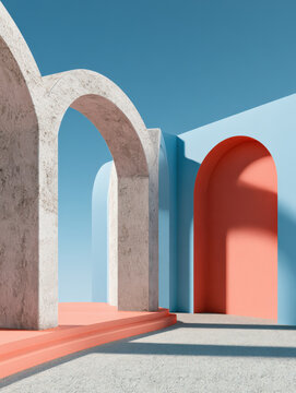 Architectural forms frame bold, minimalist color blocks
