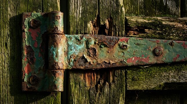 Close-up of rusty old metal hinge with peeling green and red paint on weathered moss-covered wooden planks, showcasing decay and texture.