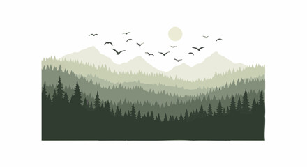 Obraz premium Minimalist mountain landscape with coniferous forest and flying birds