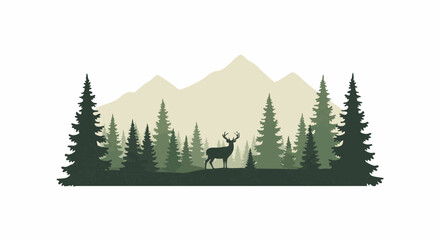 Fototapeta premium Lone stag standing in a dense pine forest with mountain peaks