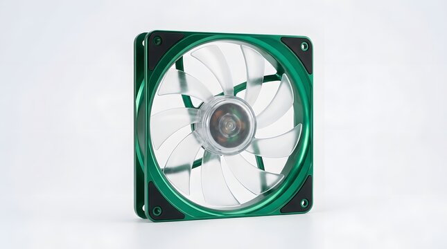 Green PC Computer Cooling Fan with Transparent Blades Isolated on White Background for Technology and Hardware Concepts