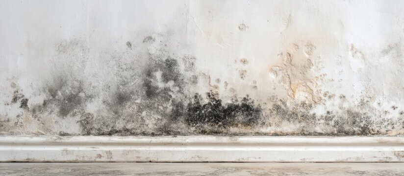 Black mold growing on a damp white wall near baseboard. Suitable for home inspection and property damage.