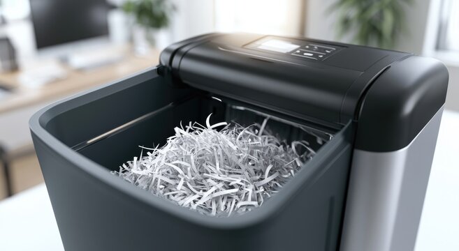 Close-up of a modern office paper shredder filled with shredded paper.