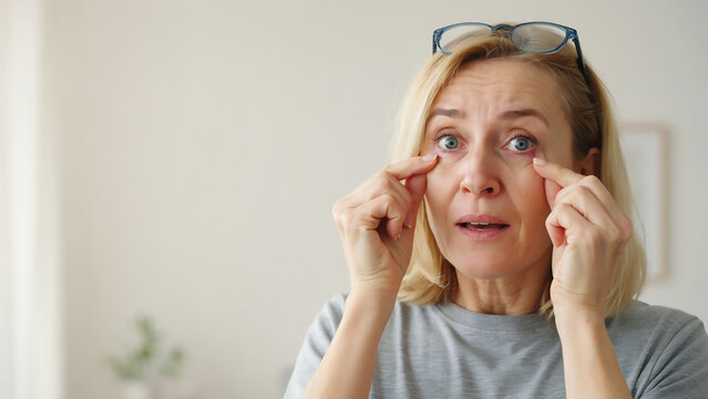 Mature Woman Checking Red Eyes and Irritation Under Eyeglasses