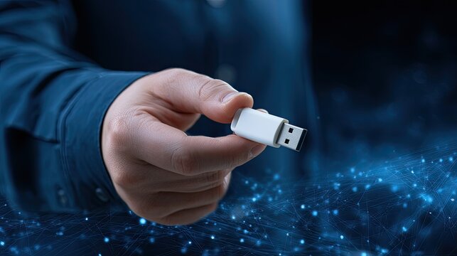 Hand Holding USB Flash Drive with Digital Data Particles.