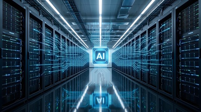 Ai artificial intelligence chip in a server room data center with glowing circuit lines and network connections