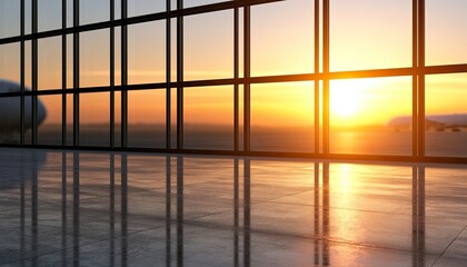 Fototapeta premium Airport Terminal Window View at Sunset with Airplane Reflection.