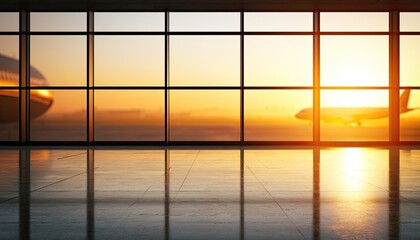 Fototapeta premium Airport Terminal Window View at Sunset with Airplanes.