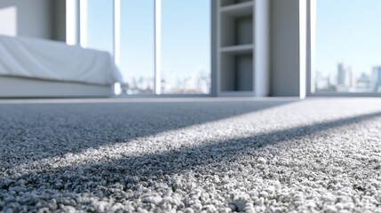 Fototapeta premium Close-up of a plush carpet in a modern apartment with city view.