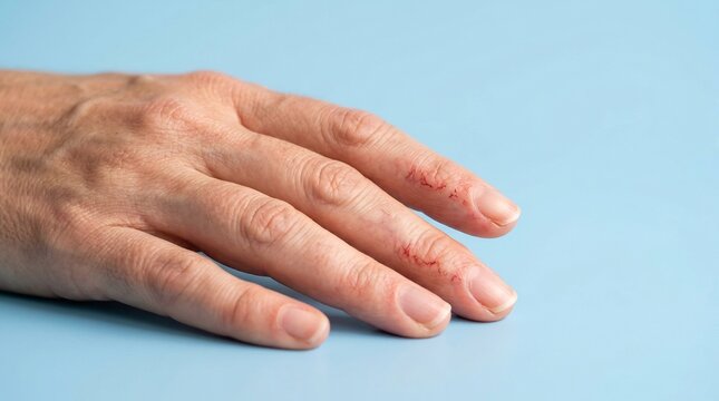 Hand shows visible skin inflammation and rough texture on the fingers against a light blue background.