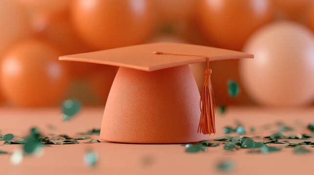 Orange Graduation Cap with Confetti and Blurred Spheres.