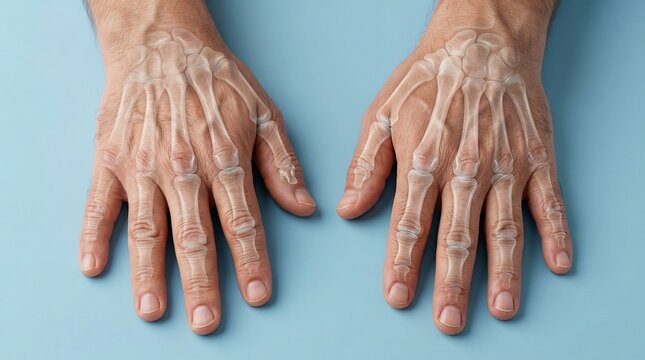 Hands shown with an anatomical skeletal overlay provide a detailed look at the complex structure of human metacarpals and phalanges for use in medical studies, healthcare software, and diagnostics.