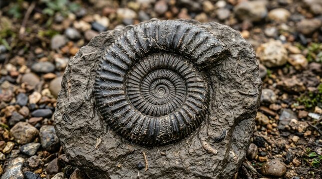 Ancient spiral fossil embedded in rock
