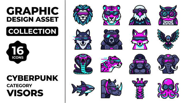 Cyberpunk Pixel Art Collection Featuring Animal Visors and Futuristic Characters