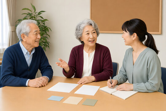 地域活動の打ち合わせをする日本人の高齢夫婦と娘