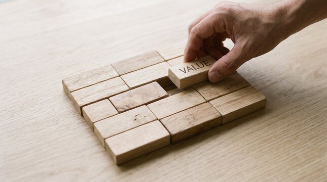 Hand typing on wooden keyboard with natural light