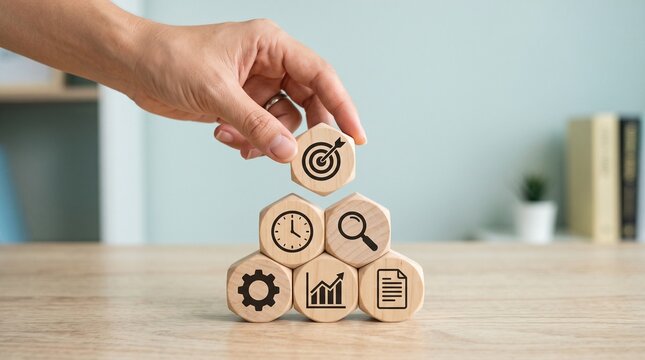 Person stacking wooden blocks spelling one
