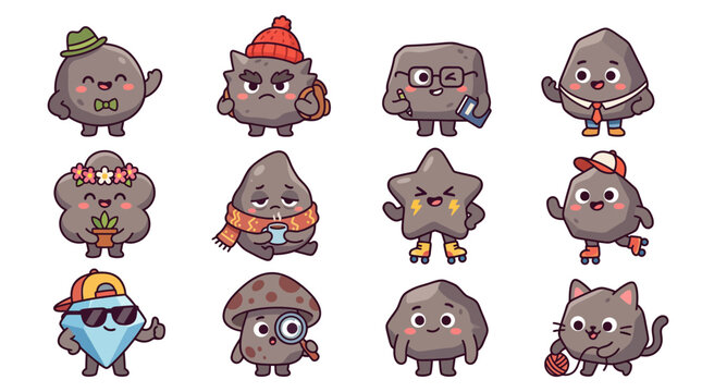 Cute dark stone characters wearing hats and carrying accessories.