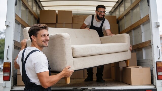 Two furniture movers lifting dining table into cargo truck with teamwork and cheerful expressions.