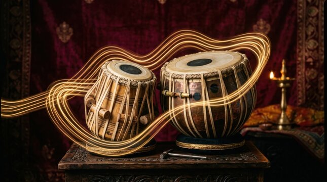 Traditional indian tabla drums resting on a carpet with magical glowing light trails around them